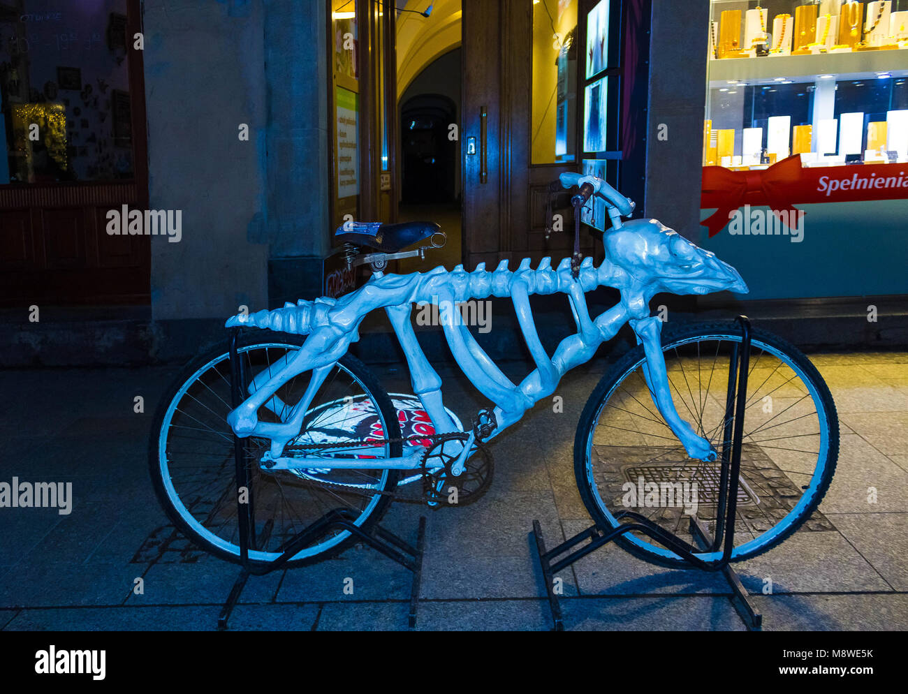 Krakow, Poland - December 29, 2017: Funny bicycle near a cafe on the street in Krakow, Poland Stock Photo