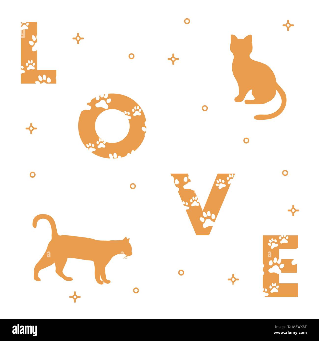 Word: Love. The message is decorated with traces of a cat. Cats. Template for design, print. Stock Vector