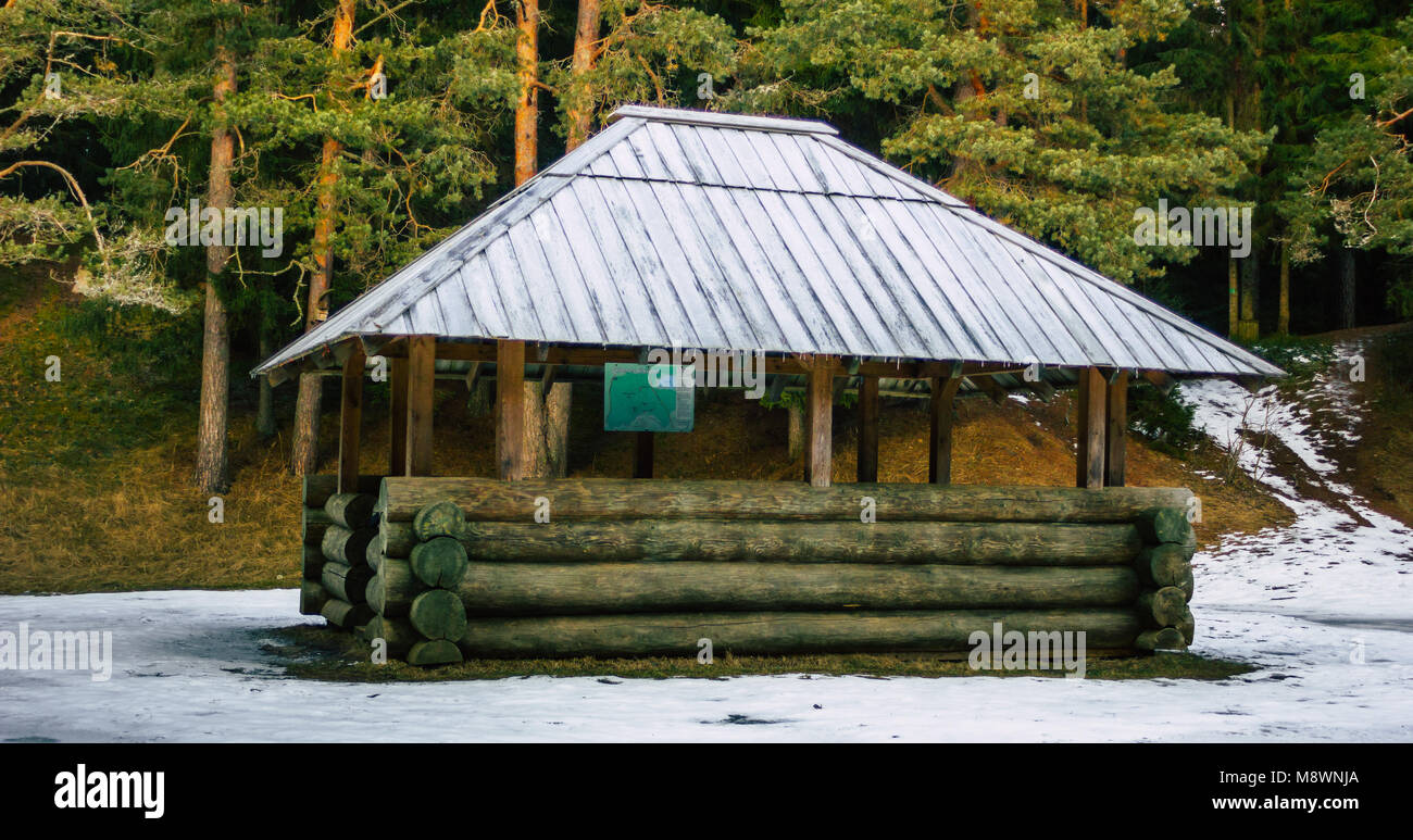 Snow Covered Wooden Gazebo in a Cloudy Winter Day Stock Photo - Alamy