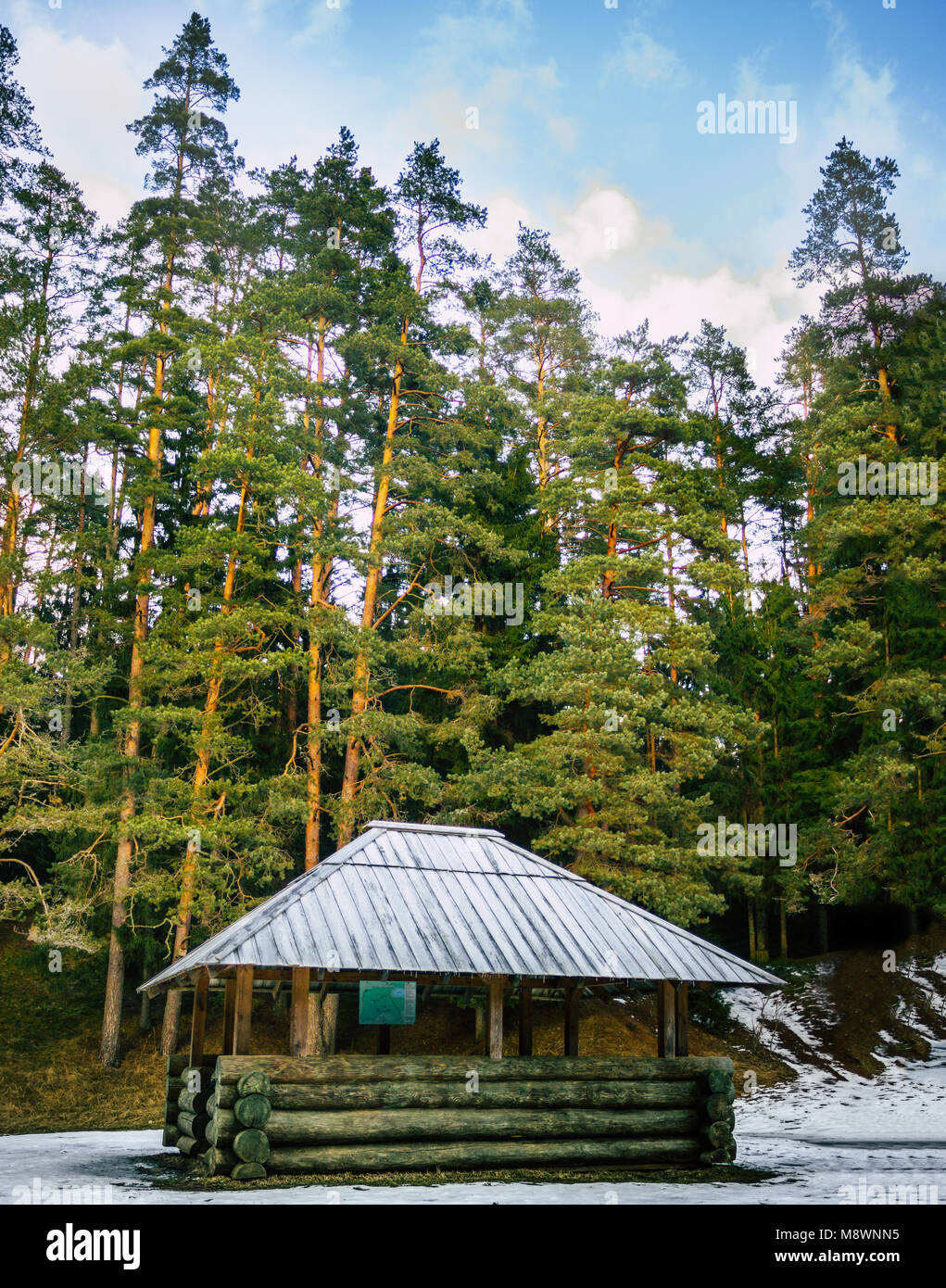 Snow Covered Wooden Gazebo in a Cloudy Winter Day Stock Photo - Alamy