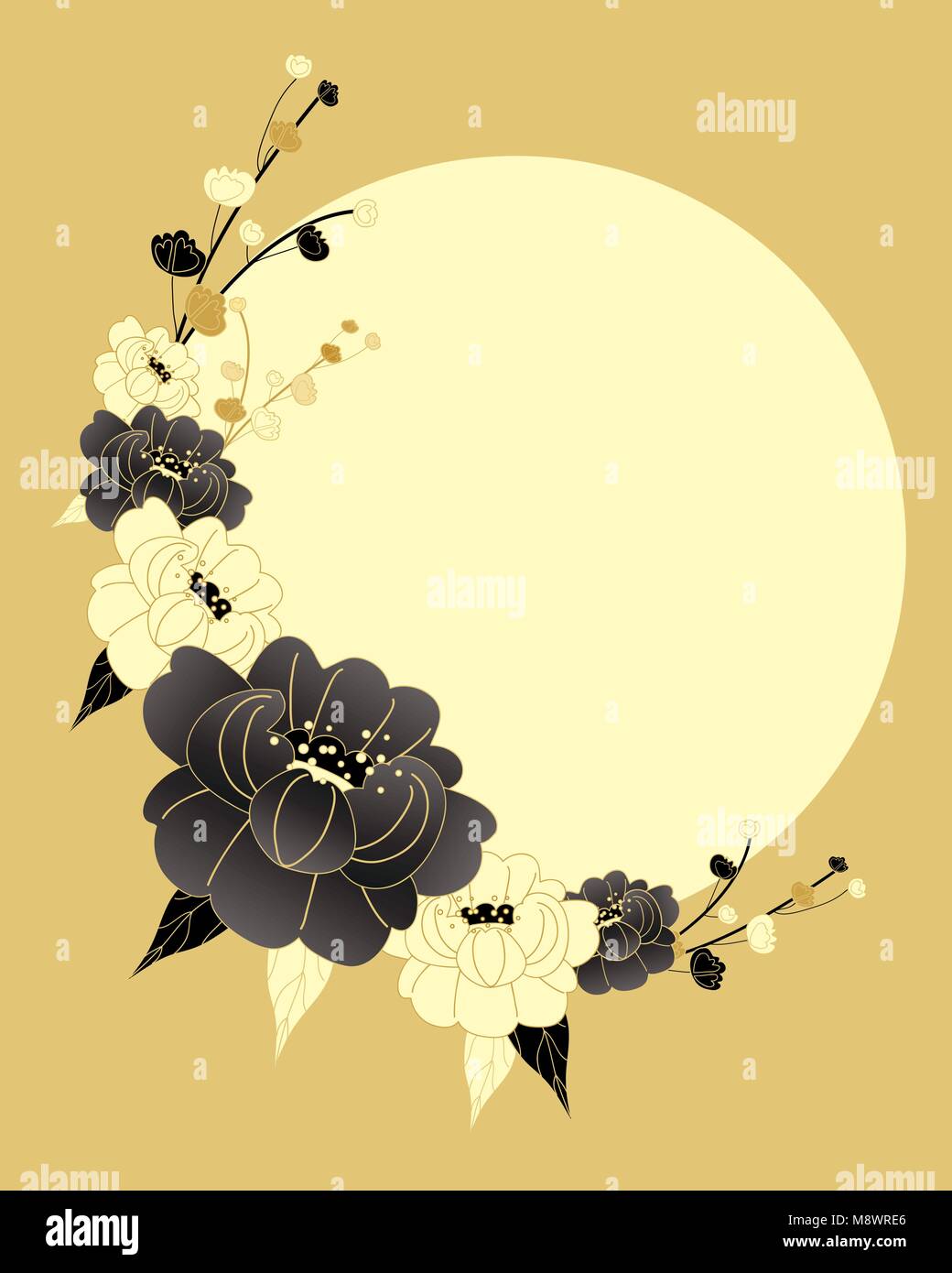 a vector illustration in eps 10 format of a Chinese style chrysanthemum design in black gold and cream colors with a big yellow sun Stock Vector