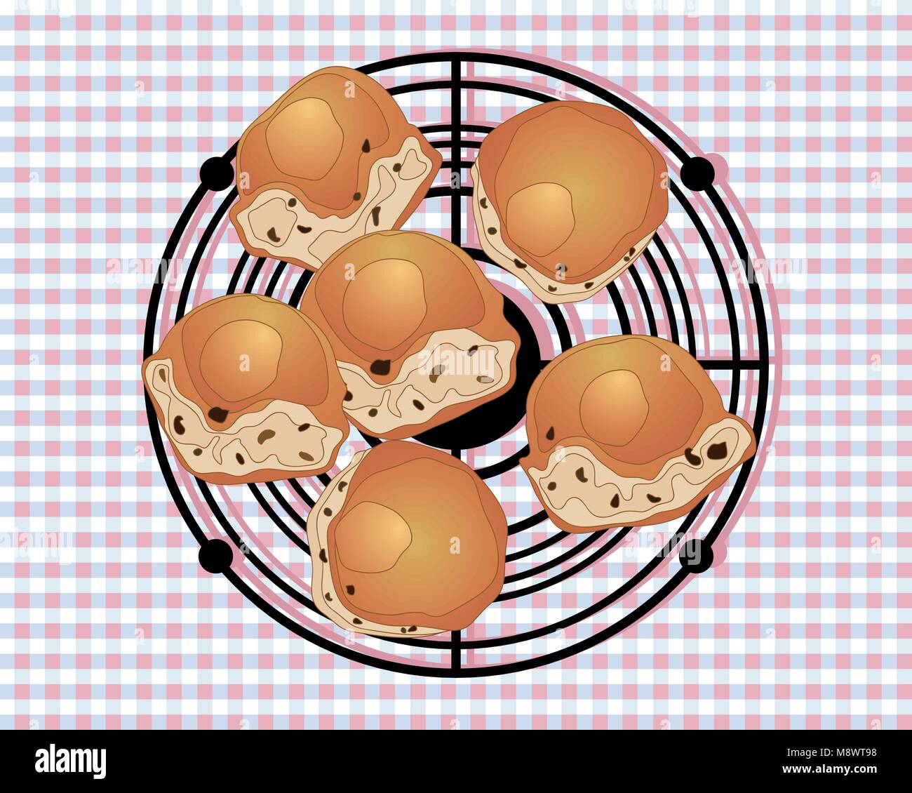 a vector illustration in eps 10 format of a wire rack with buns cooling for afternoon tea on a gingham tablecloth Stock Vector