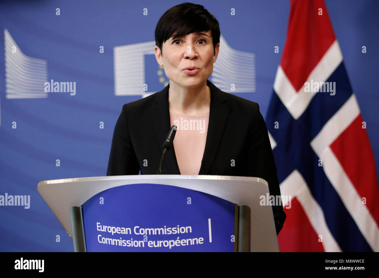 Brussels, Belgium. 20th Mar, 2018. EU High representative for foreign policy Federica Mogherini and Norway Defense Minister Ine Marie Eriksen Soreide give a press conference ahead to annual spring meeting of the International donor group for Palestine. Credit: ALEXANDROS MICHAILIDIS/Alamy Live News Stock Photo