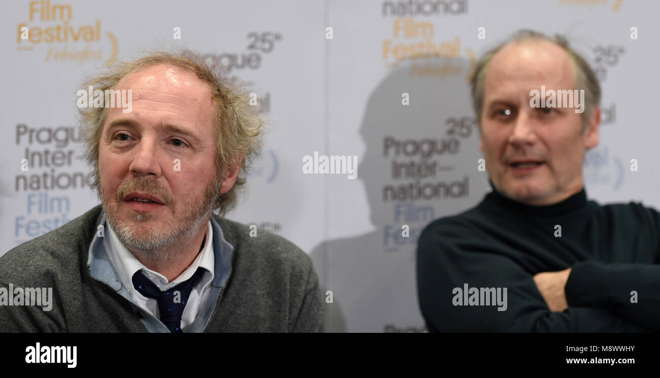 French director Arnaud Desplechin (left) and French actor Hippolyte Girardot (right) speak during a press conference within the Febiofest international film ...