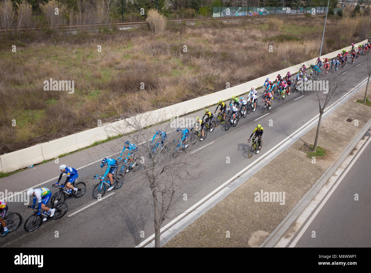 Sant Cugat del Valles, Spain. 20th March, 2018. Stage 2 of the Volta Catalunya 2018 cycle race passes through the outskirts of Sant Cugat del Valles, en route from Mataro to Valls. Credit: deadlyphoto.com/Alamy Live News Stock Photo