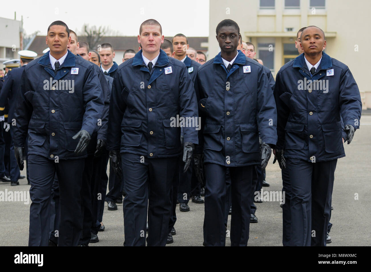 Amberieu-en-Bugey, France, 20th March 2018: Young volunteers for Military service (CSMV) are seen at Air Detachment 278 Base, in Amberieu-en-Bugey (Central-Eastern France), on March 20, 2018, as they receive military calot on the occasion of a symbolic ceremony paying homage to their engagement. The CSMV (Voluntary Military Service Center) of Amberieu-en-Bugey launched for the year 2018 a large campaign of recruitment. These young people, alienated from the workplace, will receive human,  behavioral and citizenship and training that will make them ready to integrate jobs in emplyment sectors l Stock Photo