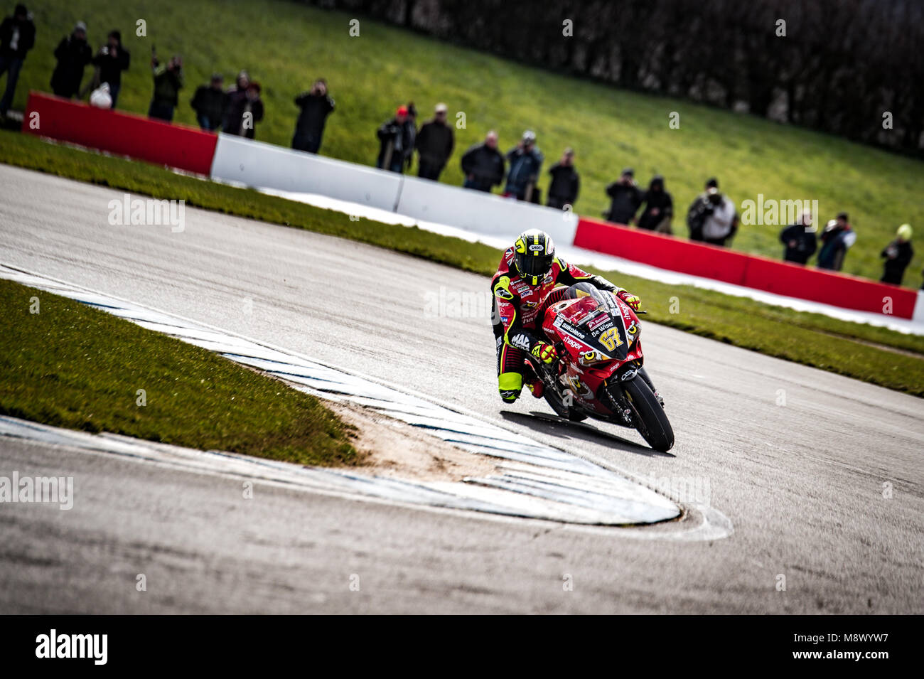 Donington Park, UK. 20th Mar, 2018. BSB testing today at Donington Park, despite the cold weather the riders managed to get out on track for testing prior to the first meeting here on 31st March Credit: Best/Alamy Live News Stock Photo