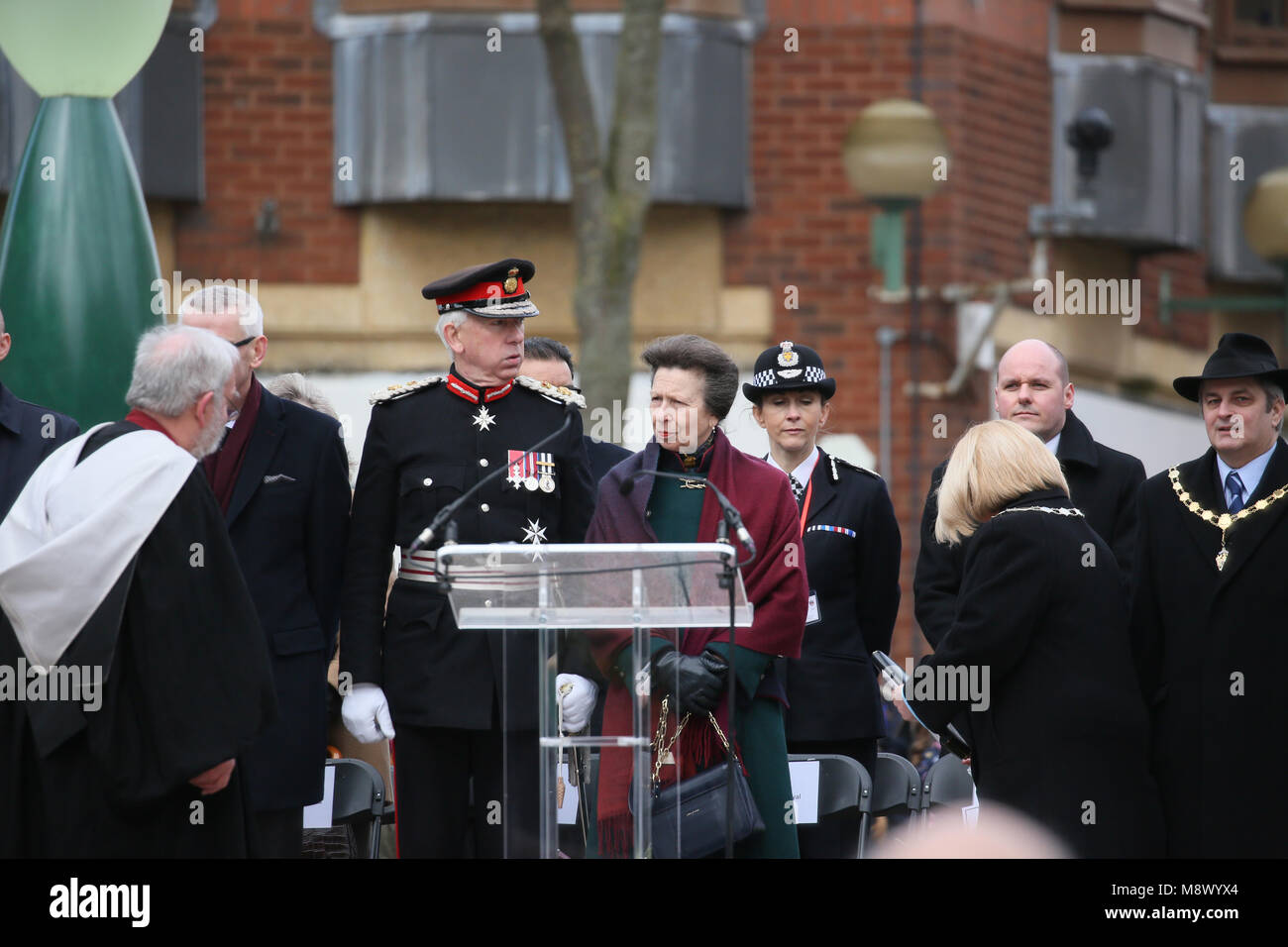 Warrington, UK. 20th Mar, 2018. Princess Anne attends 25 anniversary memorial of the IRA bomb which killed Jonathan Ball and Tim Parry in Warrington, 20th March, 2018 (C)Barbara Cook/Alamy Live News Stock Photo
