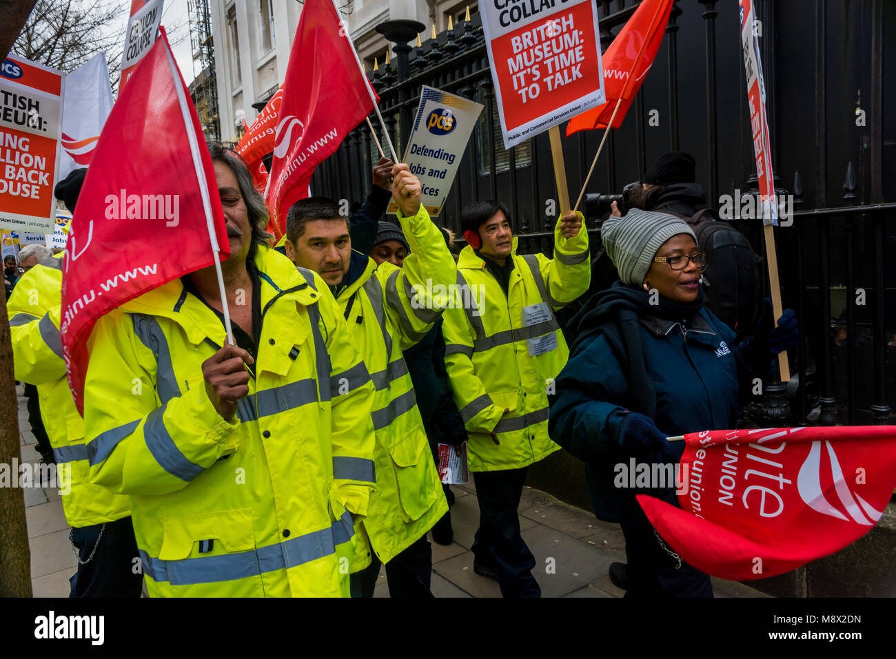 March 20, 2018 - London, UK. Workers formerly employed by Carrilion at the British Musem and now paid by the administrator march in the protest by staff at the British Museum whose jobs were privatised despite union oppositions and became Carillion employees and have been left in limbo after the collapse of the company. They demand that the British Museum talk with their unions, the PCSm and Unite, bring the staff back into direct employment and protect their jobs, pensions and terms and conditions. Speakers at the protest included PCS General Secretary Mark Serwotka, Clara Paillard, President Stock Photo