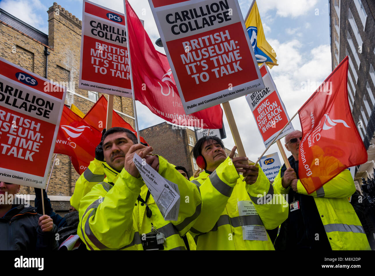 London, UK. 20th Mar, 2018. Ex-Carrilion workers outside the offices of the British Museum management at the protest by staff whose jobs were privatised despite union oppositions and became Carillion employees and have been left in limbo after the collapse of the company. They demand that the British Museum talk with their unions, the PCSm and Unite, bring the staff back into direct employment and protect their jobs, pensions and terms and conditions. Speakers at the protest included PCS General Secretary Mark Serwotka, Clara Paillard, President of PCS Culture Group and Zita Holbourne. Shado Stock Photo