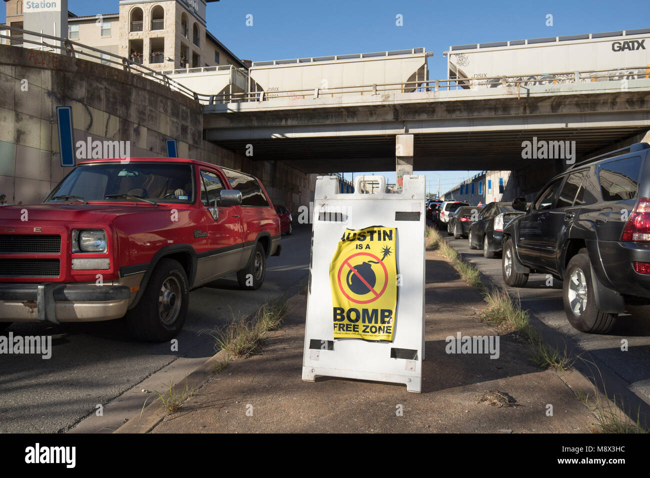 Home-made sign expresses some Austin residents' feelings about a string of package bombings in the city in March 2018 that killed two people and injured several more. Stock Photo
