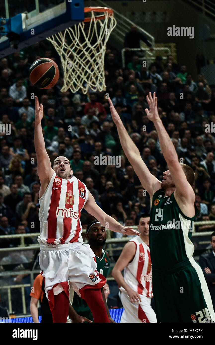 20 March 2018, Greece, Athens: Basketball, Euroleague, Panathinaikos Athens vs Red Star Belgrade: Taylor Rochestie (l) of Red Star in action. Photo: Angelos Tzortzinis/dpa Stock Photo