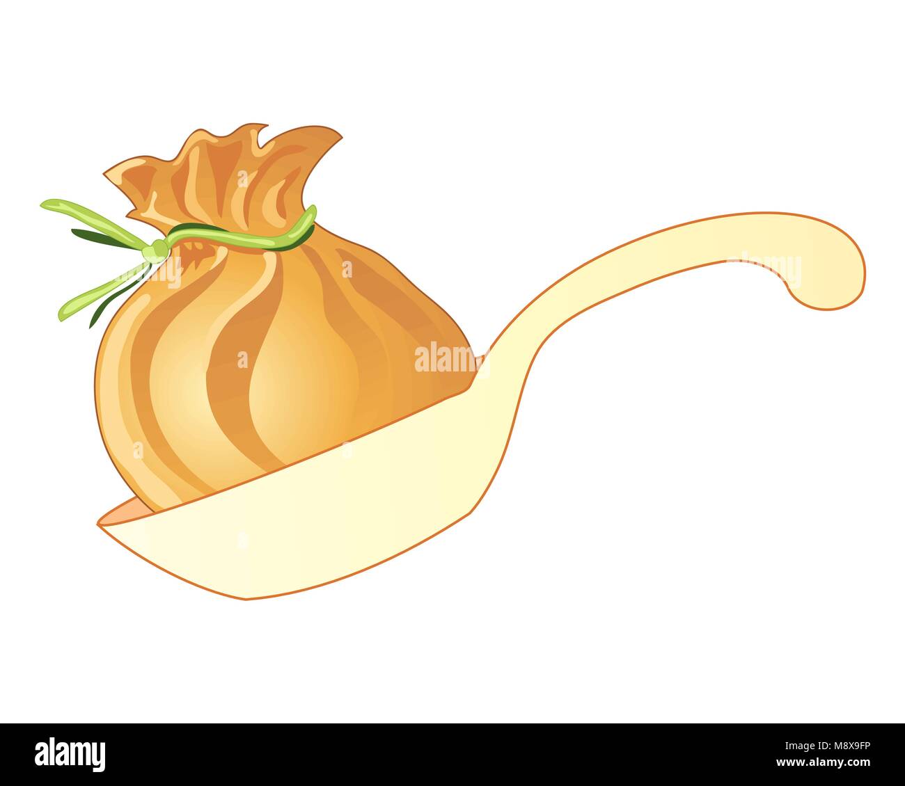 a vector illustration in eps 10 format of a plastic spoon with a single Chinese wonton appetizer tied with chive greens on a white background Stock Vector