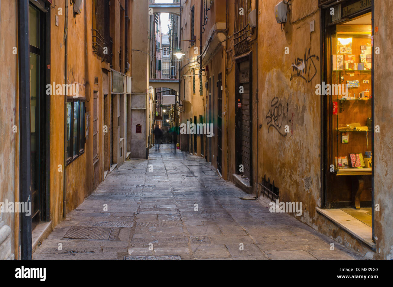 Vico Del Duca, an old narrow  but lively street in the ancient part of the city of Genoa Stock Photo