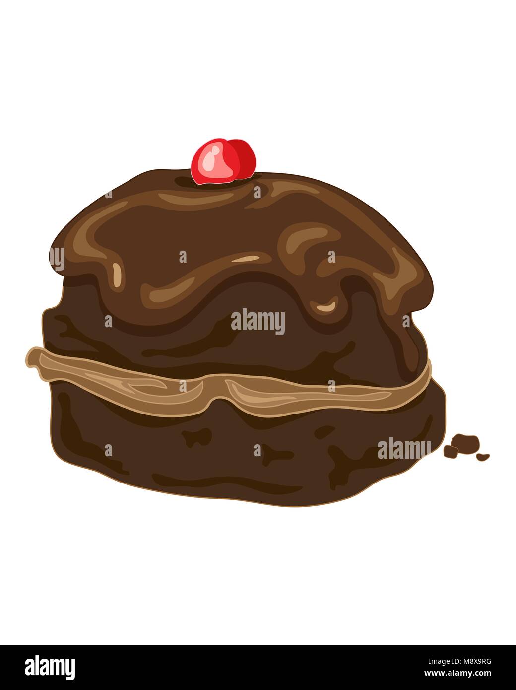 a vector illustration in eps format of a fancy iced chocolate bun with chocolate cream filling and a glace cherry as decoration on a white background Stock Vector