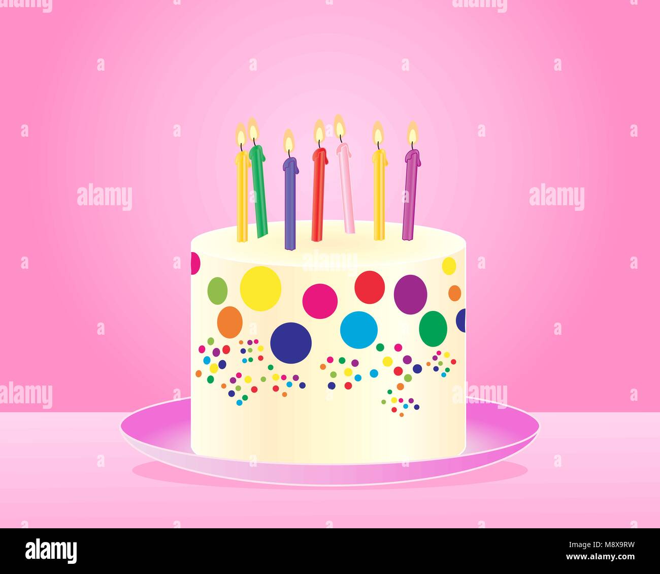 a vector illustration in eps 10 format of a classic colorful birthday cake with candles and cream frosting on a pink plate and background Stock Vector