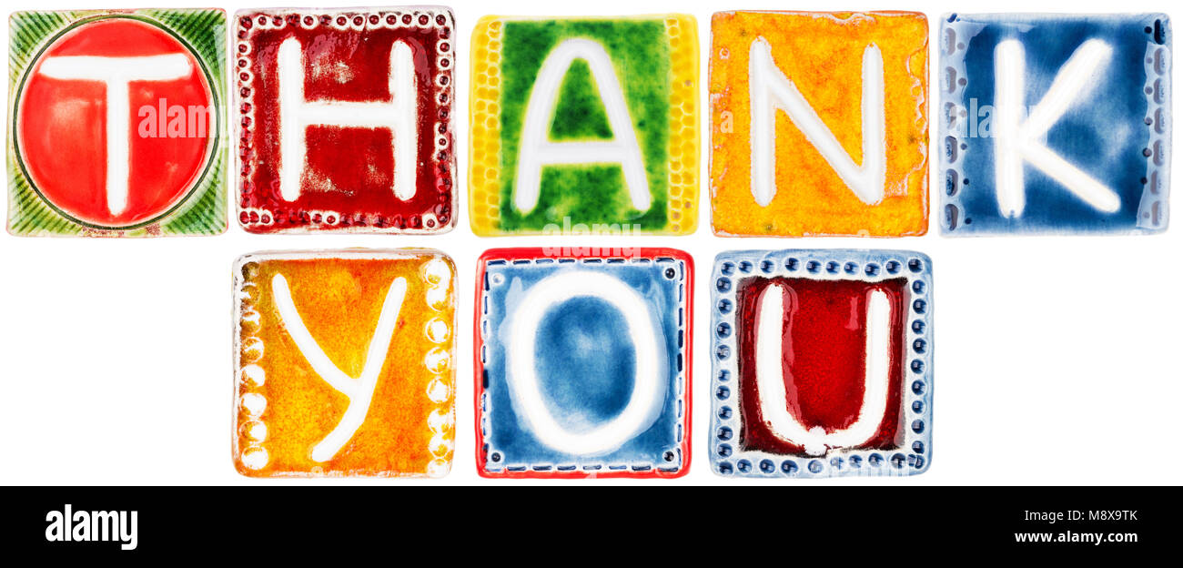 Words 'THANK YOU' made from ceramic letters isolated on white background Stock Photo