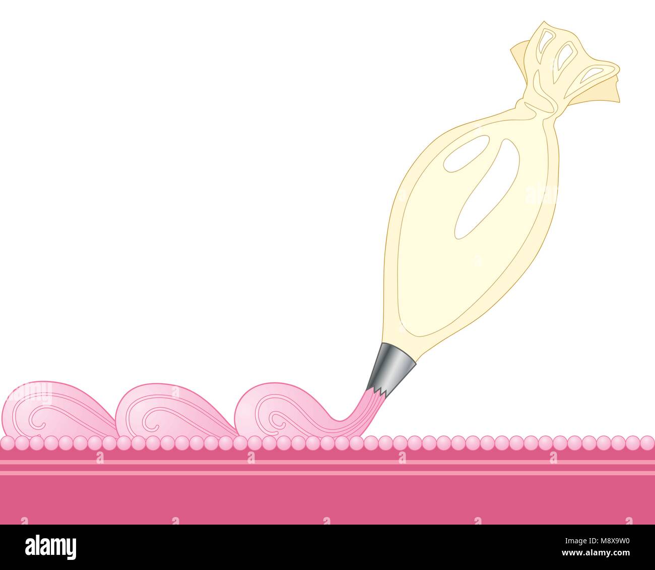 a vector illustration in eps 10 format of an icing bag piping pink icing swirls on to a pink cake with decoration on a white background Stock Vector