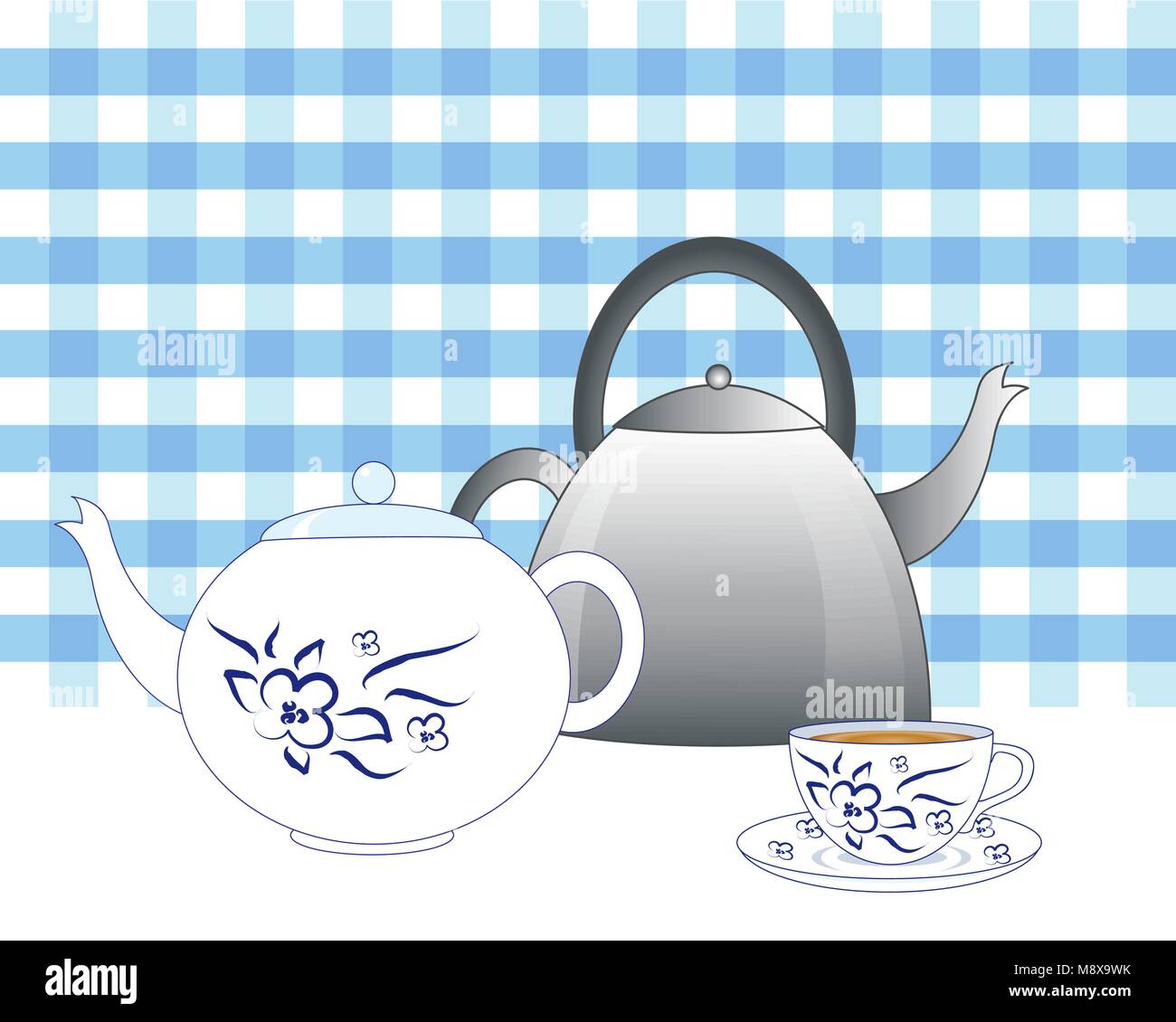 a vector illustration in eps 10 format of a steel old fashioned kettle with a blue and white teapot and tea cup with a blue gingham background Stock Vector