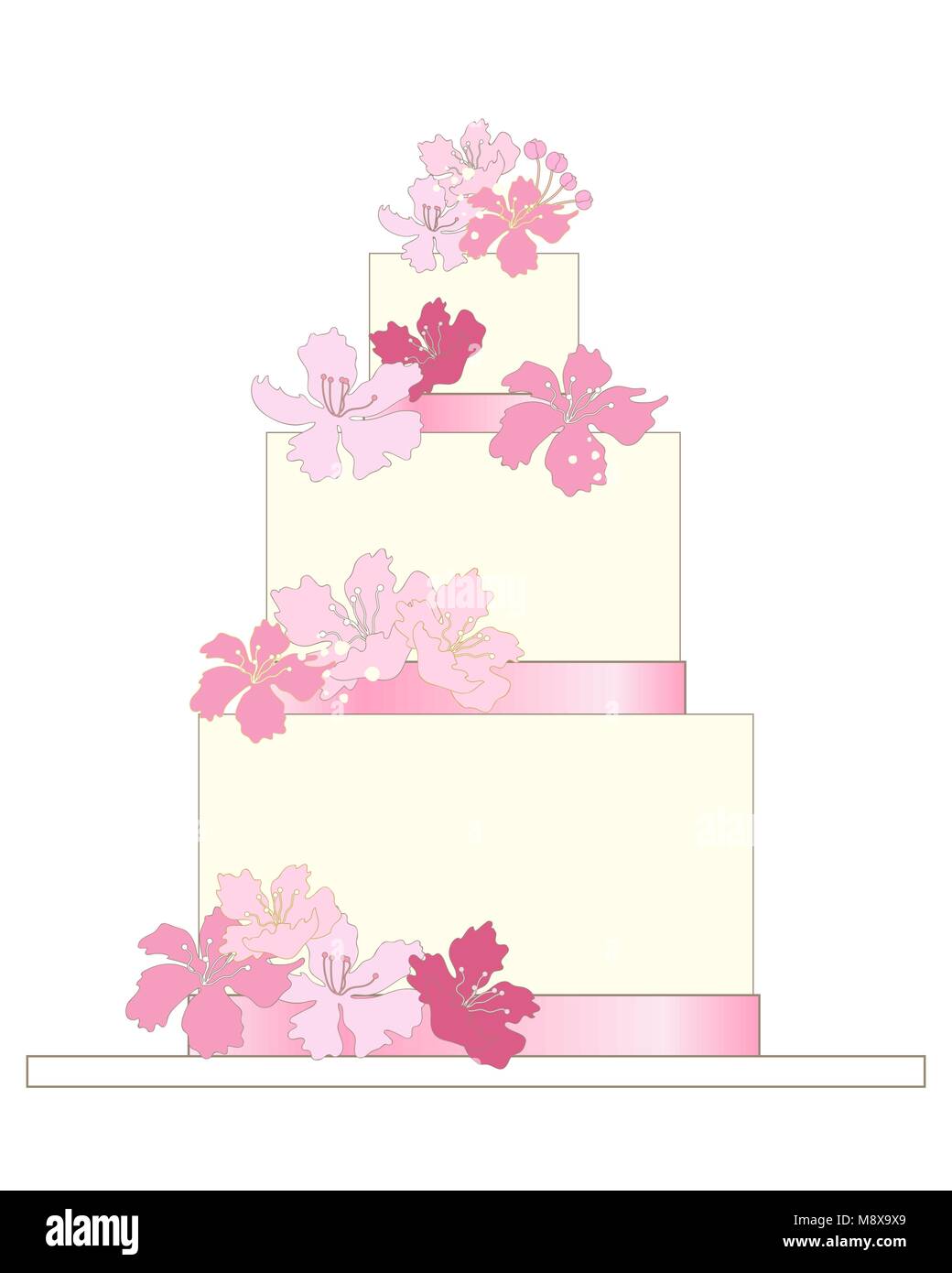 a vector illustration in eps 10 format of a traditional wedding cake with white frosting pink ribbon and decorative pink flowers on a white background Stock Vector