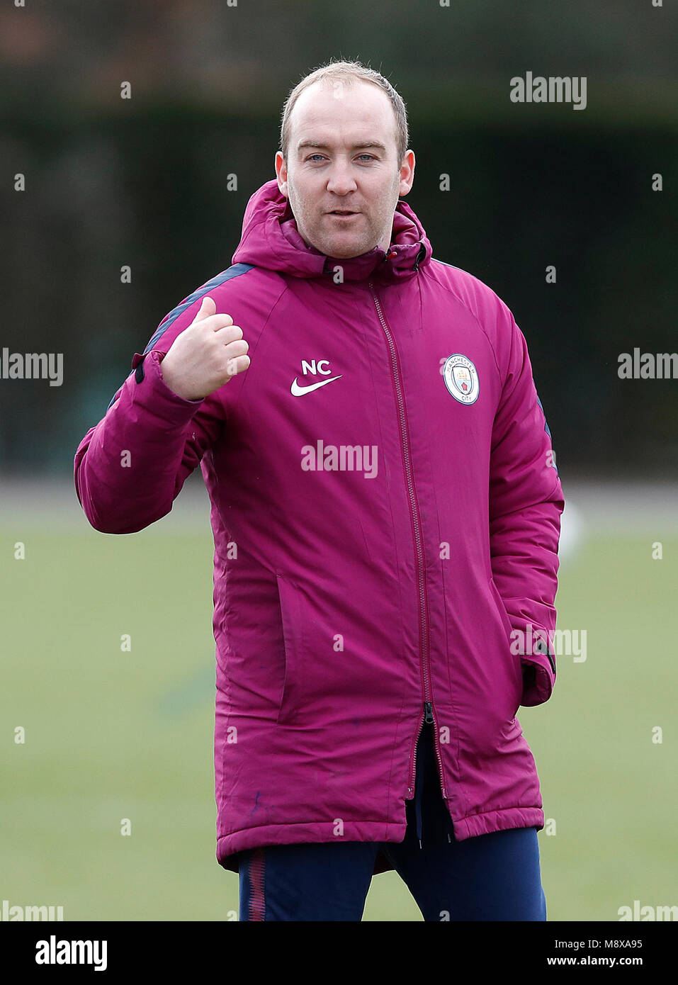 Manchester City Women manager Nick Cushing during a training session at the City Football Academy, Manchester. Stock Photo