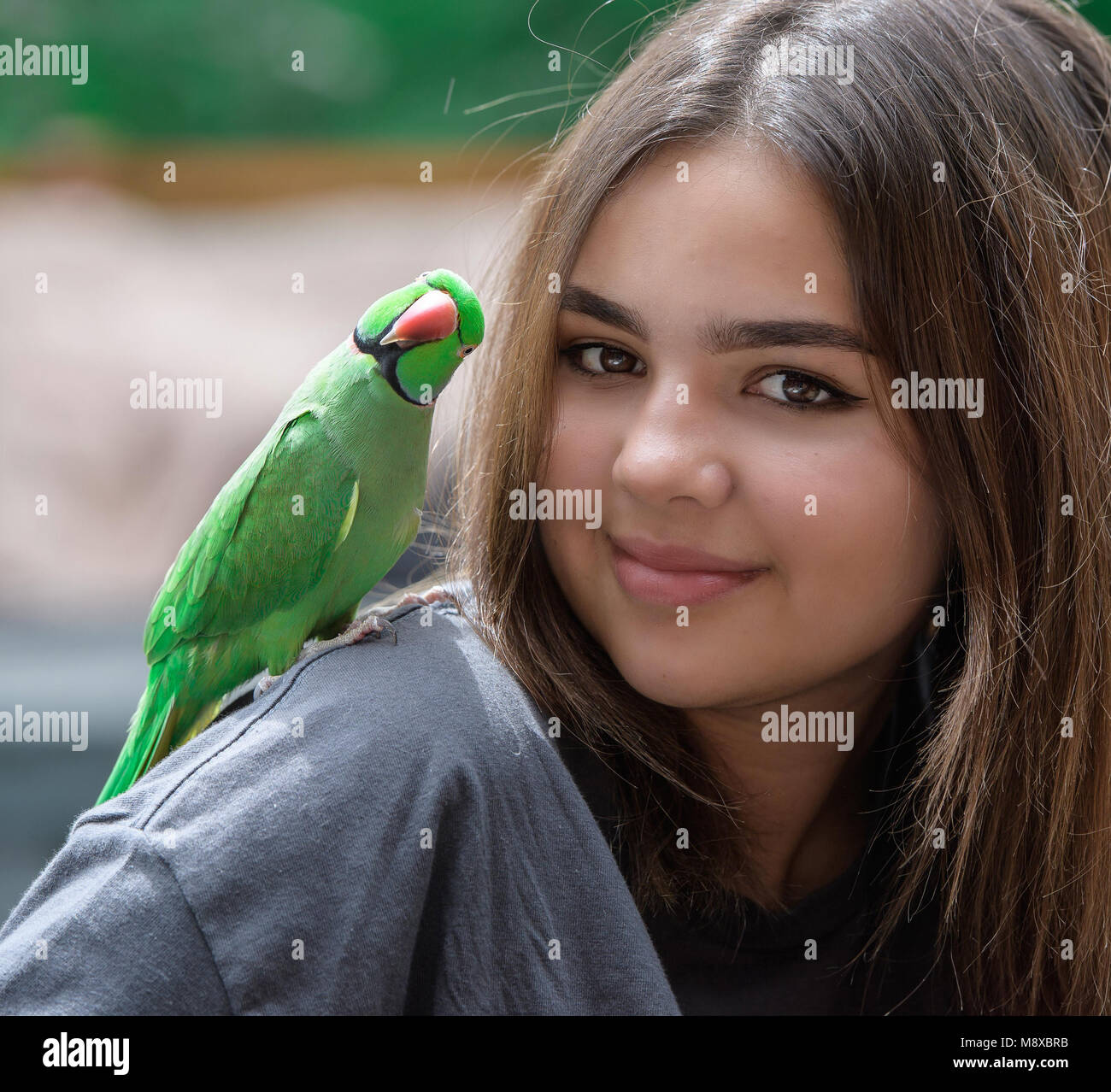 Young woman with a parakeet on her shoulder Stock Photo