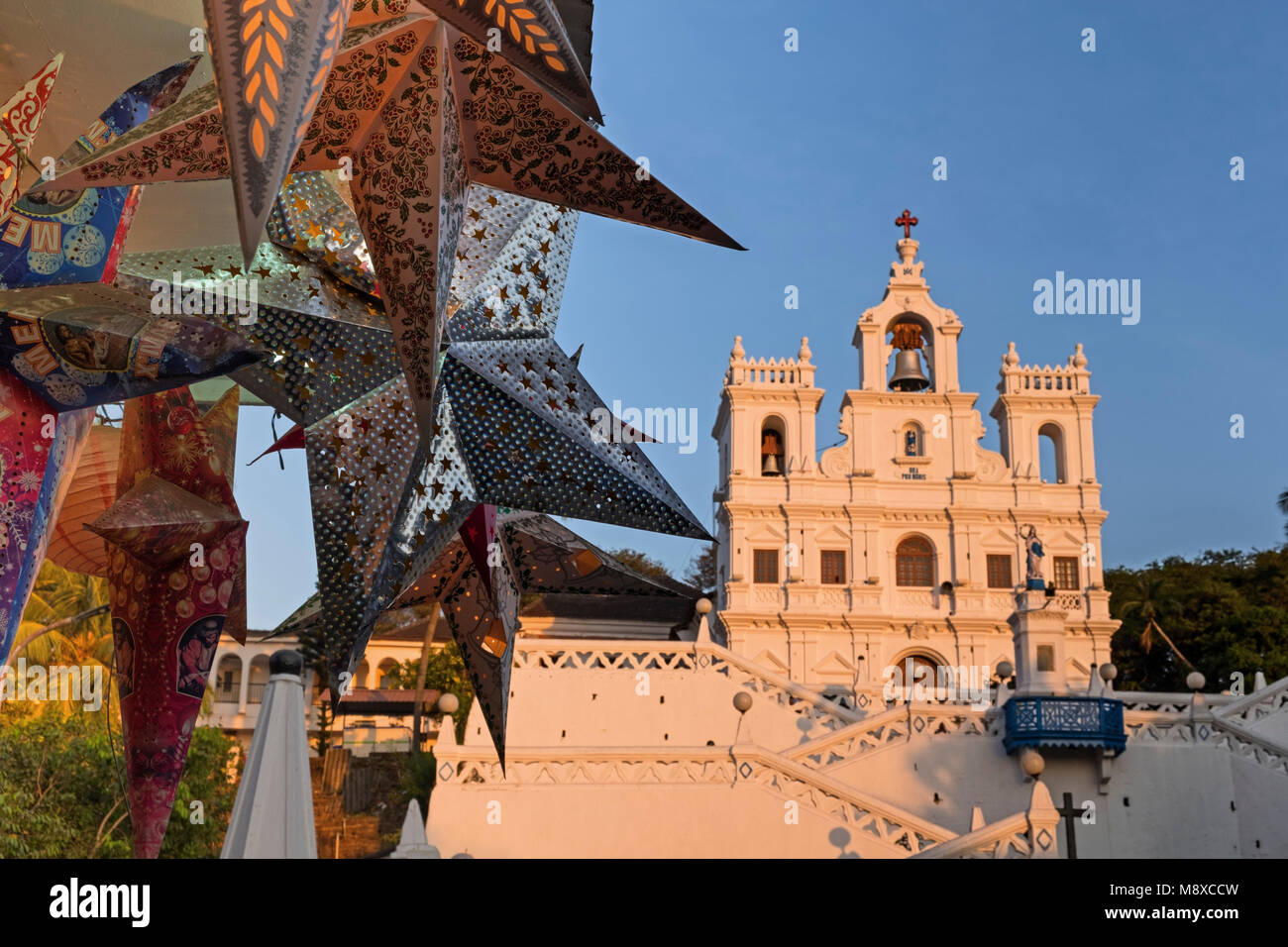 Star lanterns and Church of Our Lady of the Immaculate Conception Panjim Goa India Stock Photo
