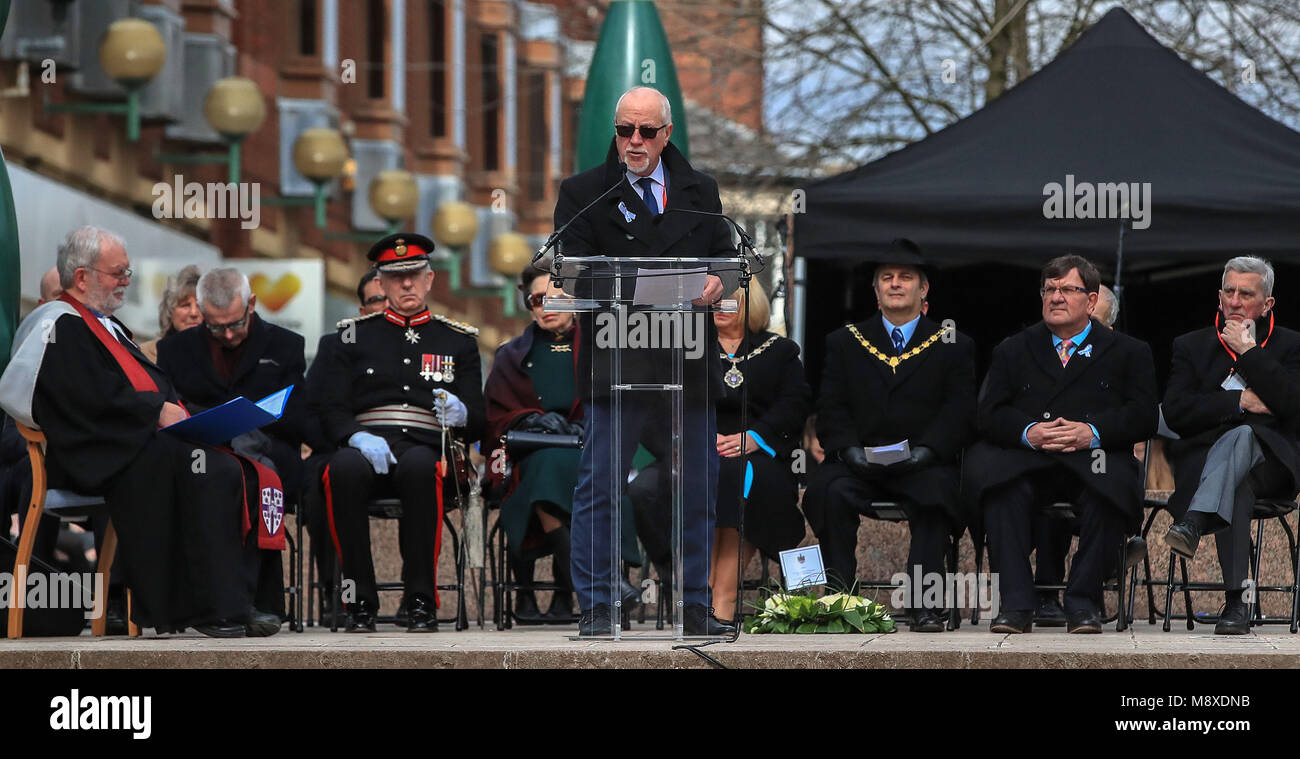 Colin Parry, the father of Tim Parry, 12, who along with Johnathan Ball, three, was killed after the IRA detonated two IRA bombs on Bridge Street, inn Warrington, speaks during 25th anniversary service of the Warrington bombing attack. Stock Photo