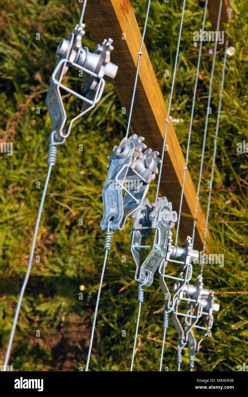 Tension devices on wire fence on a dairy farm inland from Kerikeri, North Island, New Zealand Stock Photo