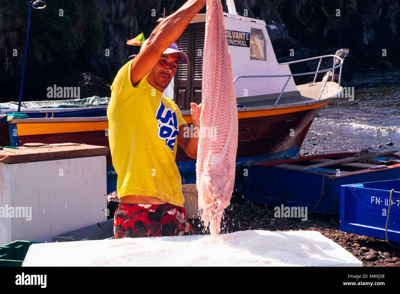 Fisherman salting his catch at the village of Câmara de Lobos near Funchal Madeira Stock Photo