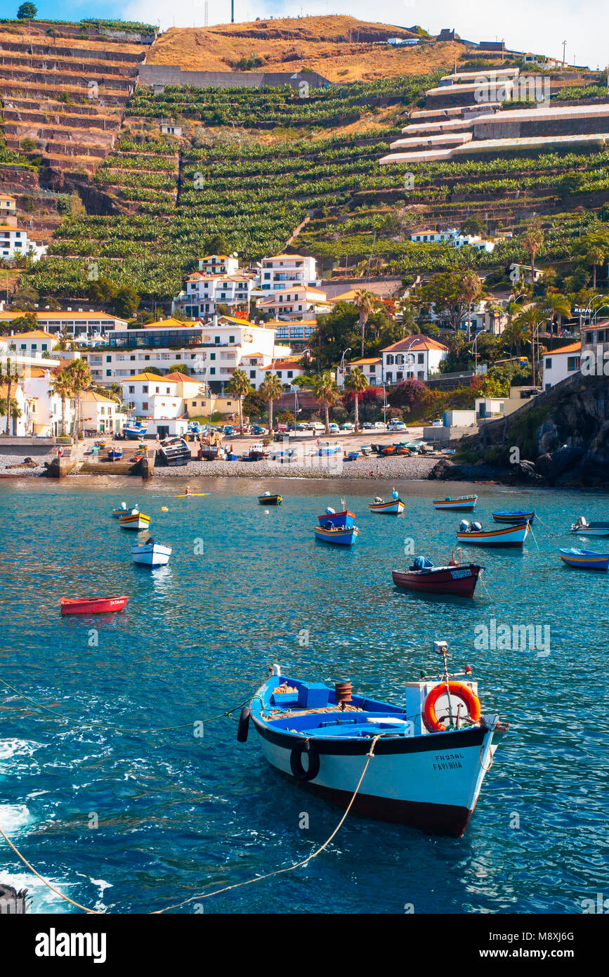 The harbour at Câmara de Lobos, Funchal, Madeira, with steep terraced hillside behind Stock Photo