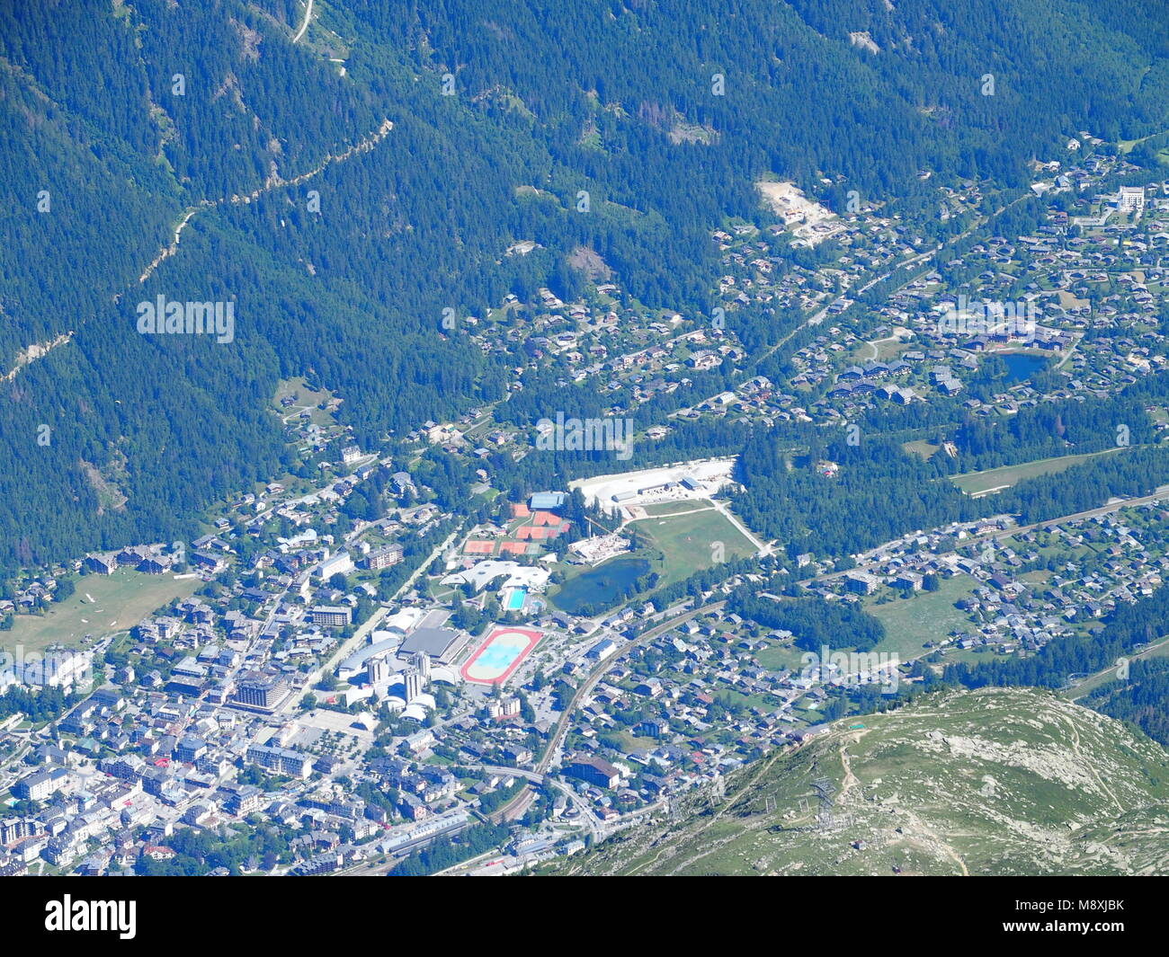 CHAMONIX MONT BLANC village in valley seen from AIGUILLE du MIDI peak ...