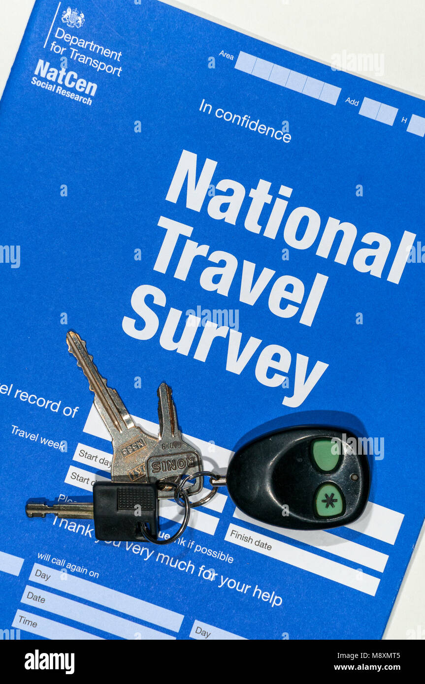 NatCen Social Research, UK Department for Transport, National Travel Survey form.  With car keys and key fob on top. Stock Photo