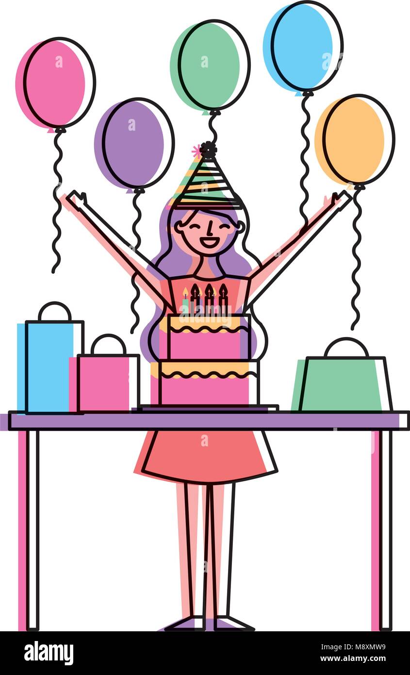 happy woman celebrating birthday cake gift balloons Stock Vector Image ...