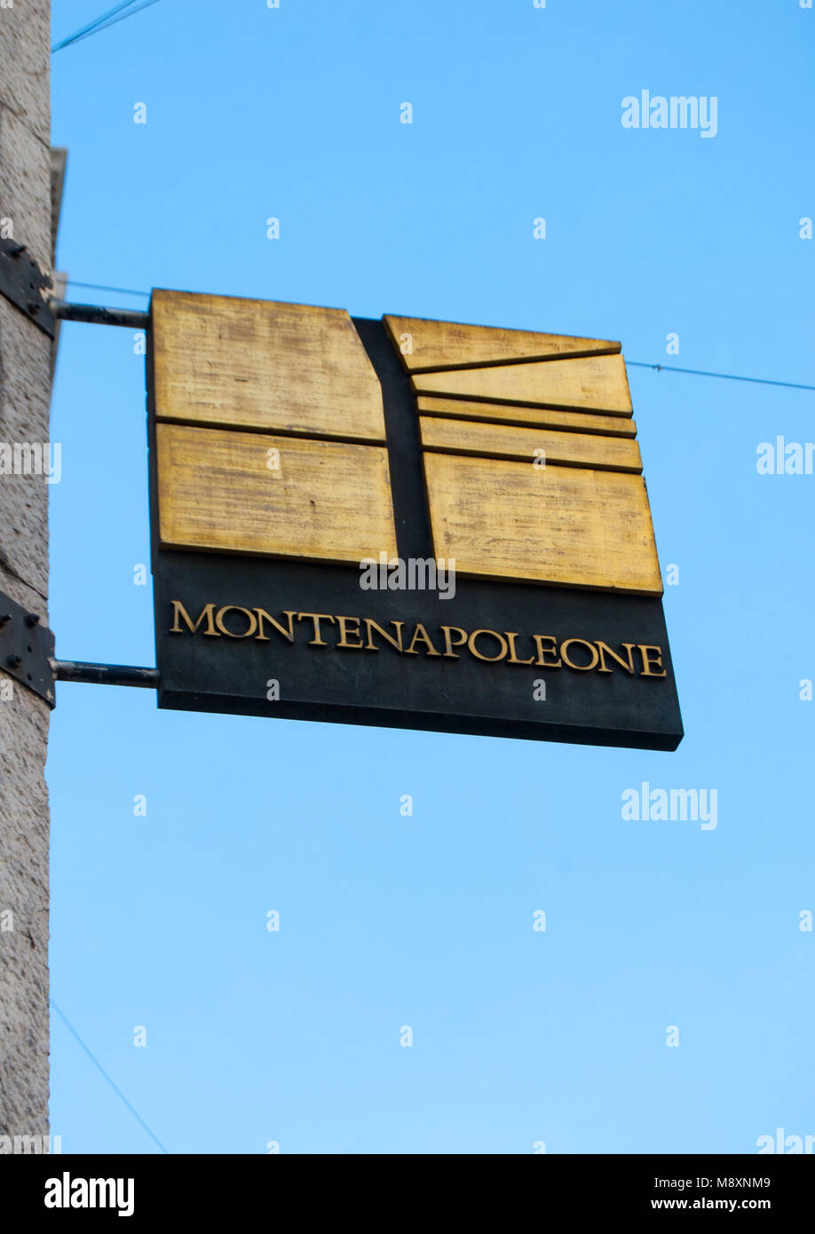 Marble plaque engraved with the writing of Monte Napoleone street in Milan - Italy Stock Photo