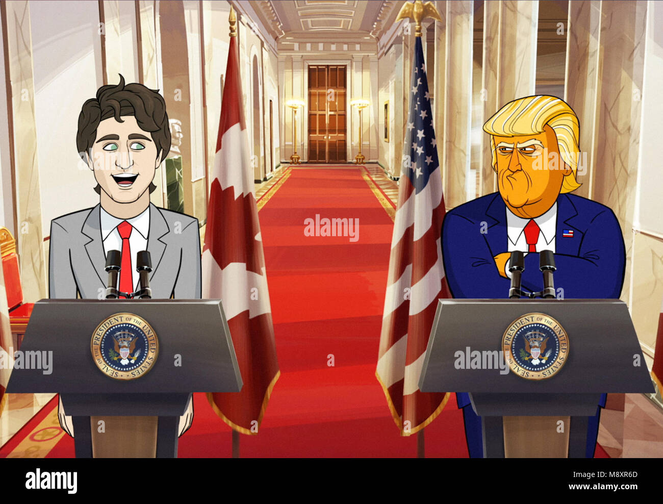 OUR CARTOON PRESIDENT, from left: Justin Trudeau (voiced by Aaron Landon), Donald Trump (voiced by Jeff Bergman), 'State Dinner', (Season 1, ep. 105, aired March 4, 2018). photo: ©Showtime / Courtesy: Everett Collection Stock Photo
