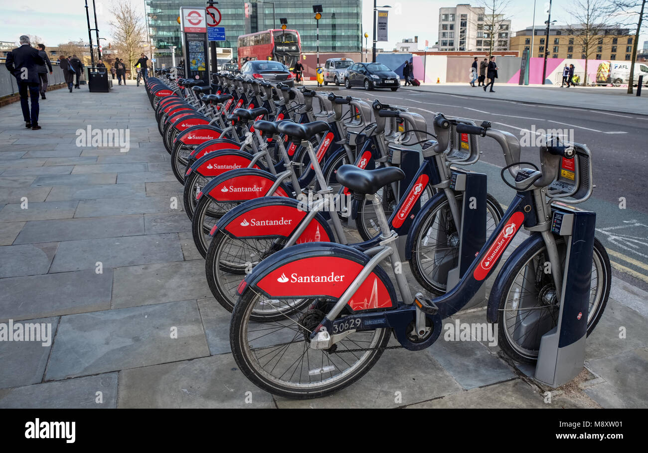 A row of Santander cycles at Kings Cross, London Stock Photo