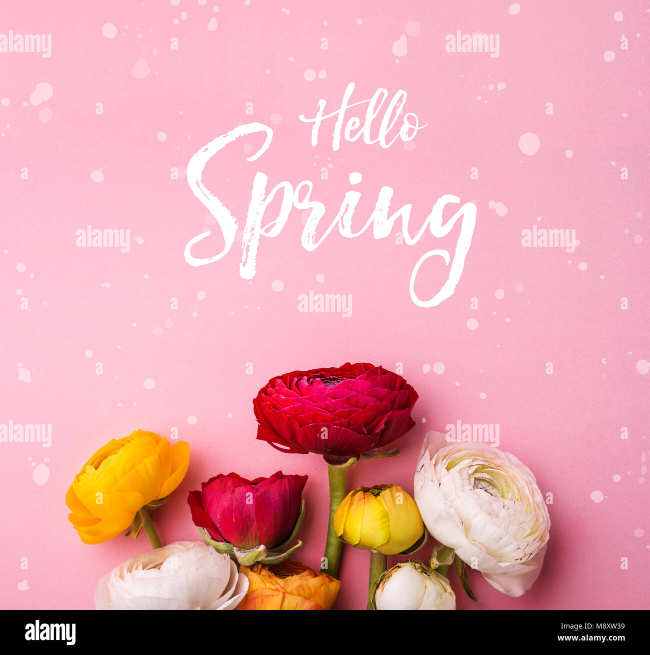 Easter and spring flat lay on a pink background Stock Photo - Alamy