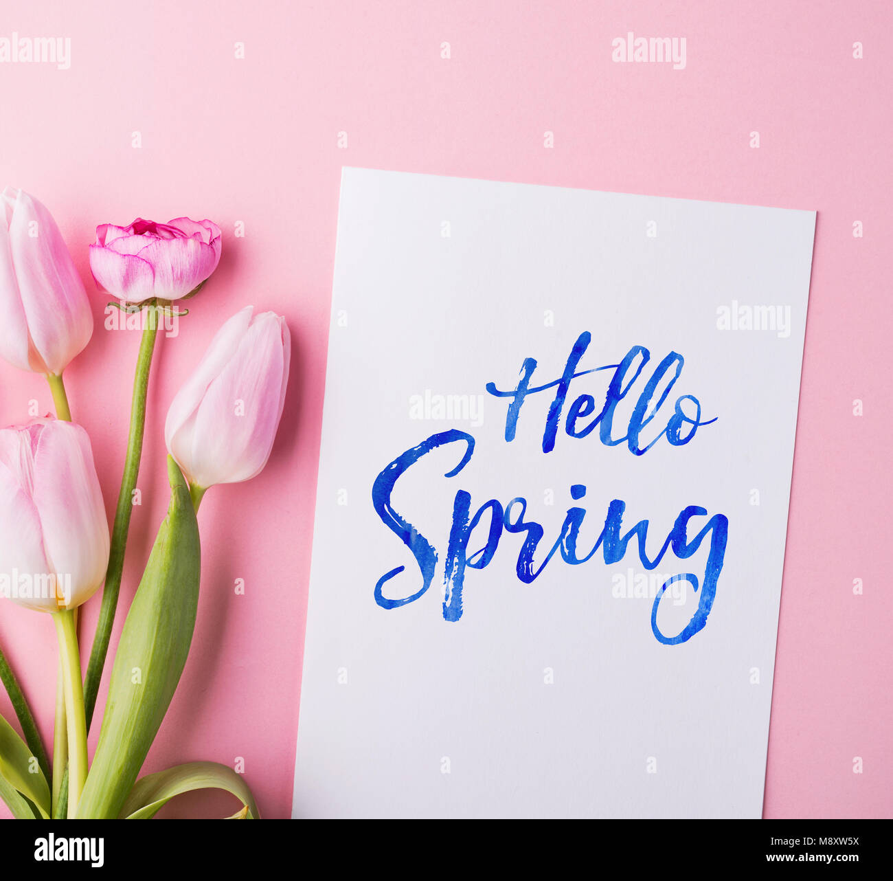 Easter and spring flat lay on a pink background Stock Photo - Alamy