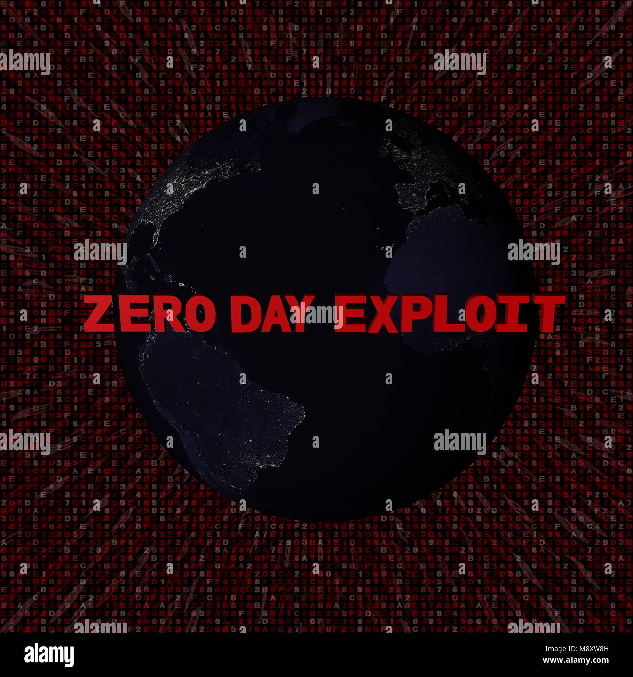 Zero Day Exploit text with earth by night and red hex code illustration ...