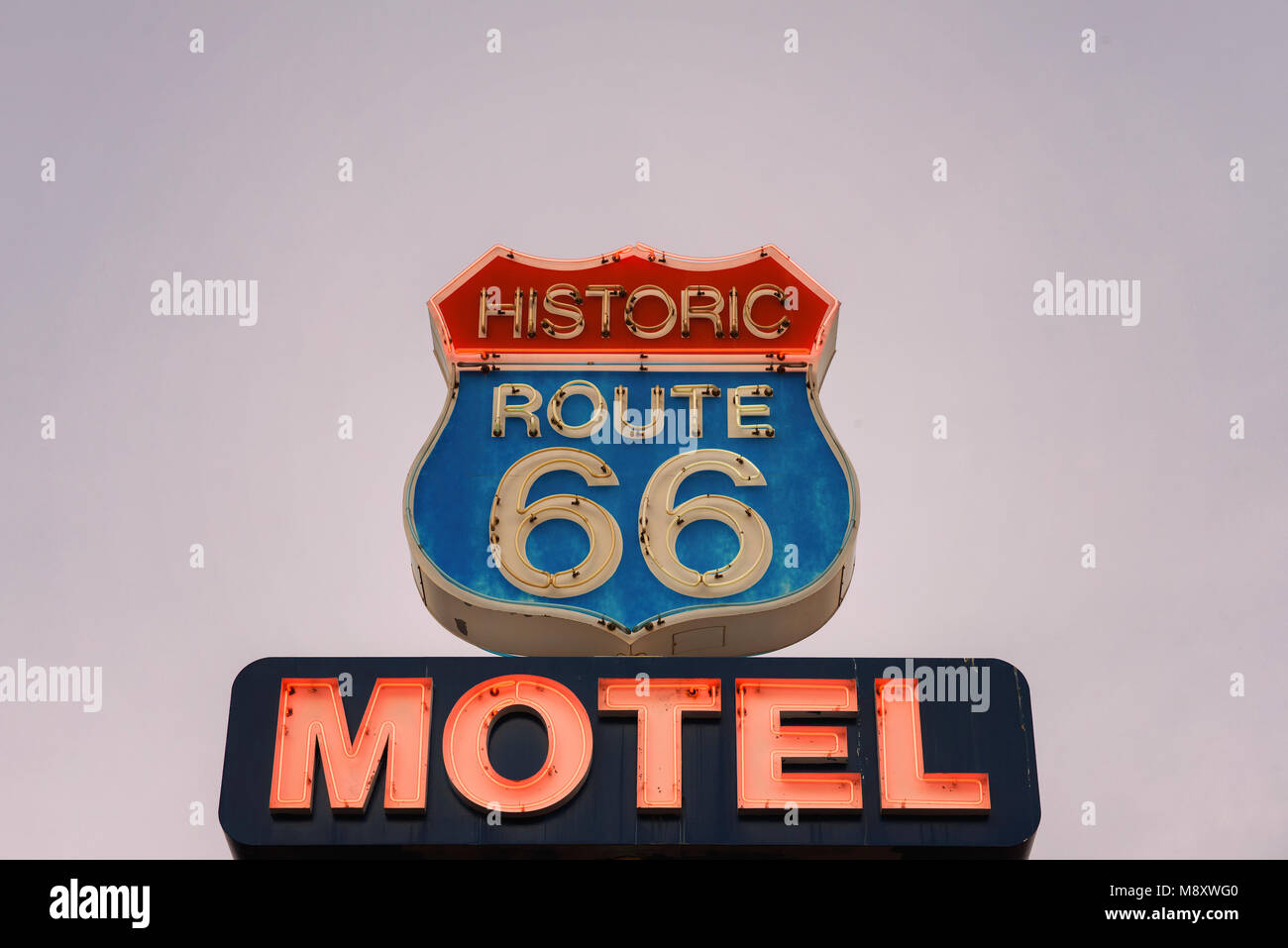 Neon motel sign on historic Route 66 Stock Photo