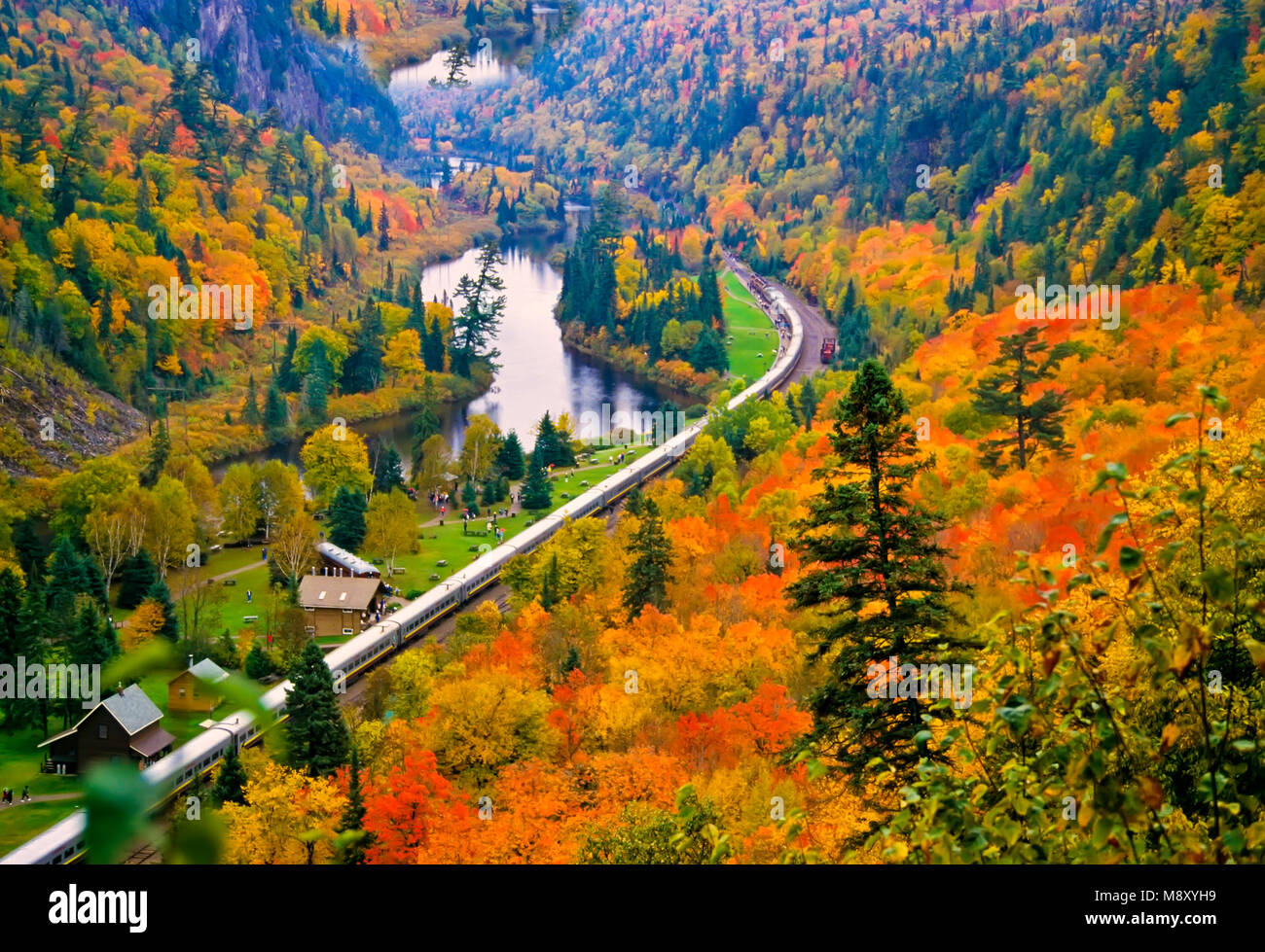 Autumn in Ontario, Agawa Canyon, railway and colorful fall trees and