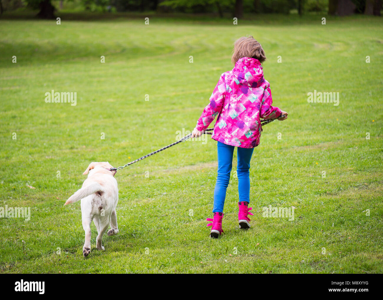 Girl with dog in park Stock Photo