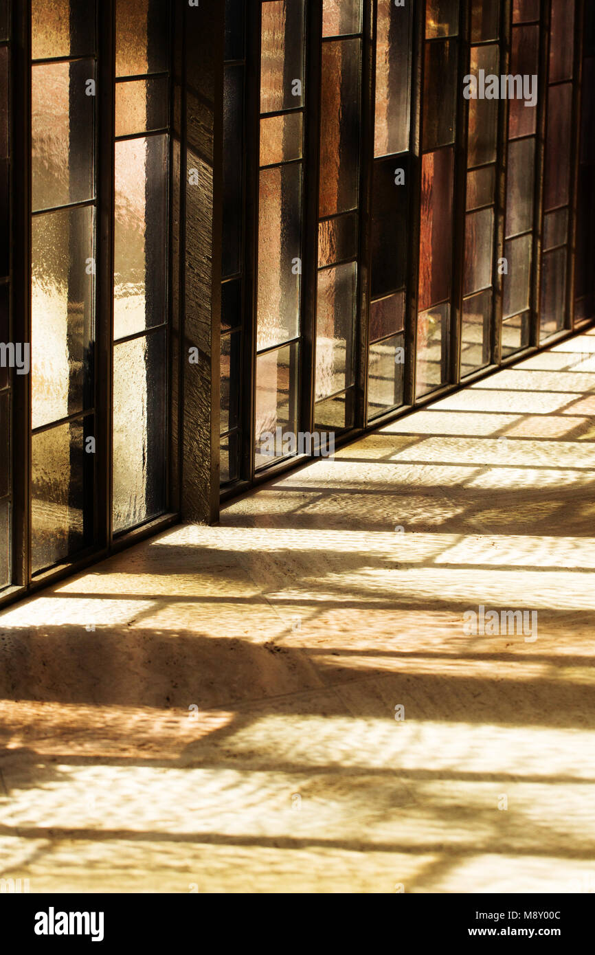 Reflection through a stained glass window at the MIT Chapel