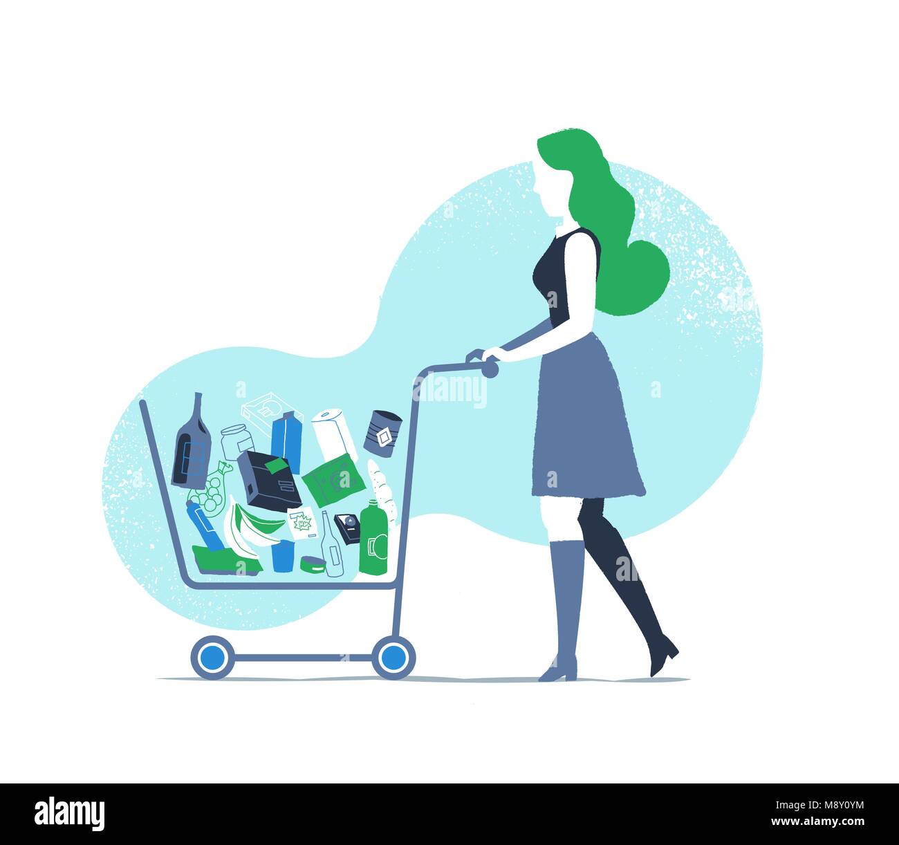 Shopping Cart with Many Products Inside the Basket Stock Vector