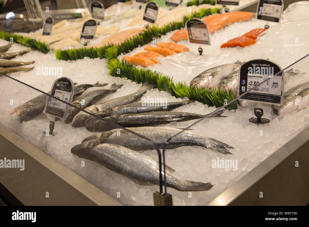Fresh fish, seabream, on sale in a fishmongers counter at an Asda supermarket. Stock Photo