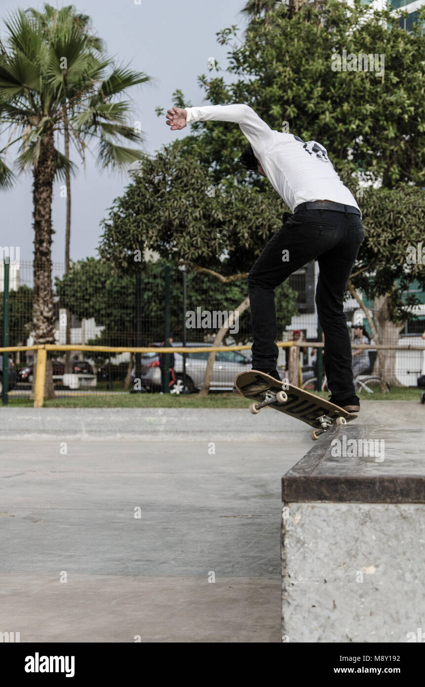 Skater practicing at the Miraflores skatepark in Lima Peru Stock