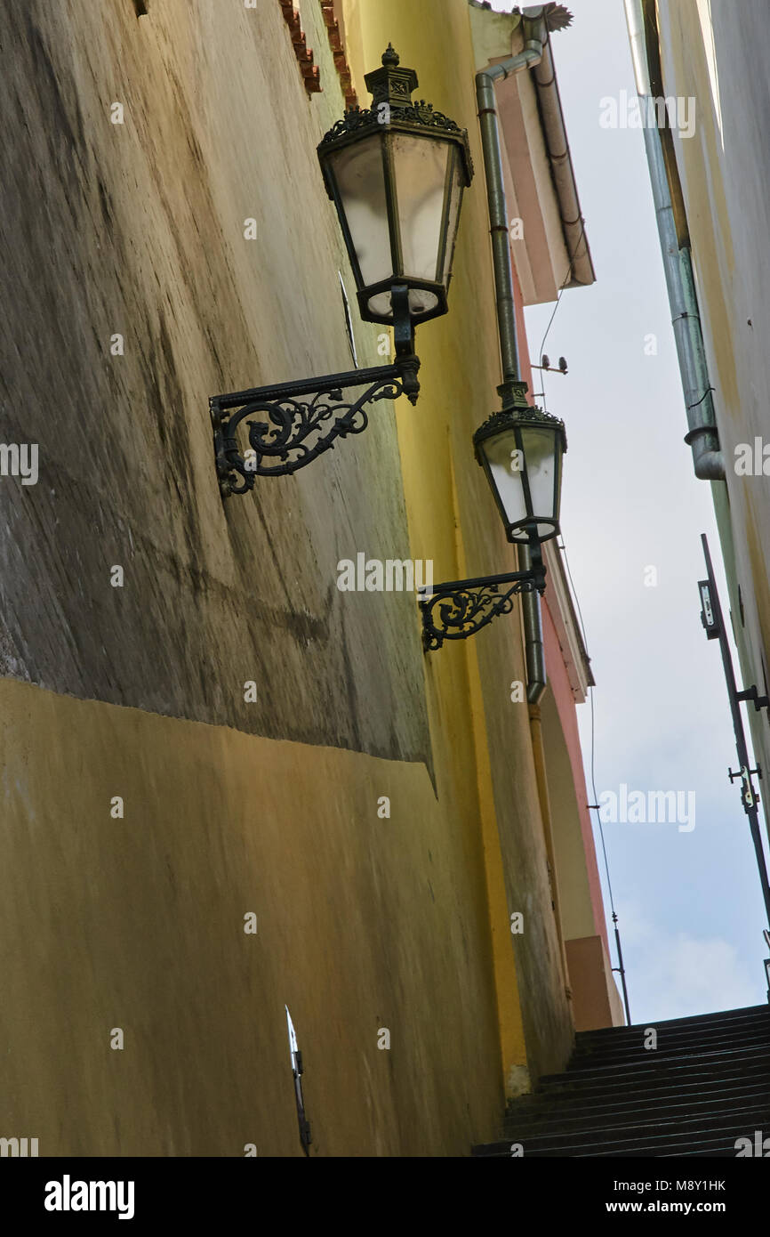 a pedestrian stairway connecting streets in Old Prague Stock Photo