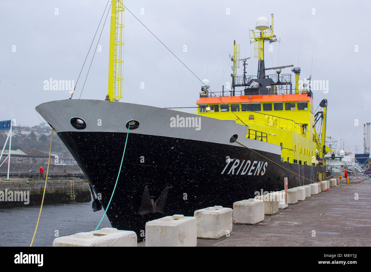 18 March 2018 The Dutch fisheries research vessel Tridens berthed at Kennedy Wharf in the city of Cork Harbour Ireland during a snow storm Stock Photo