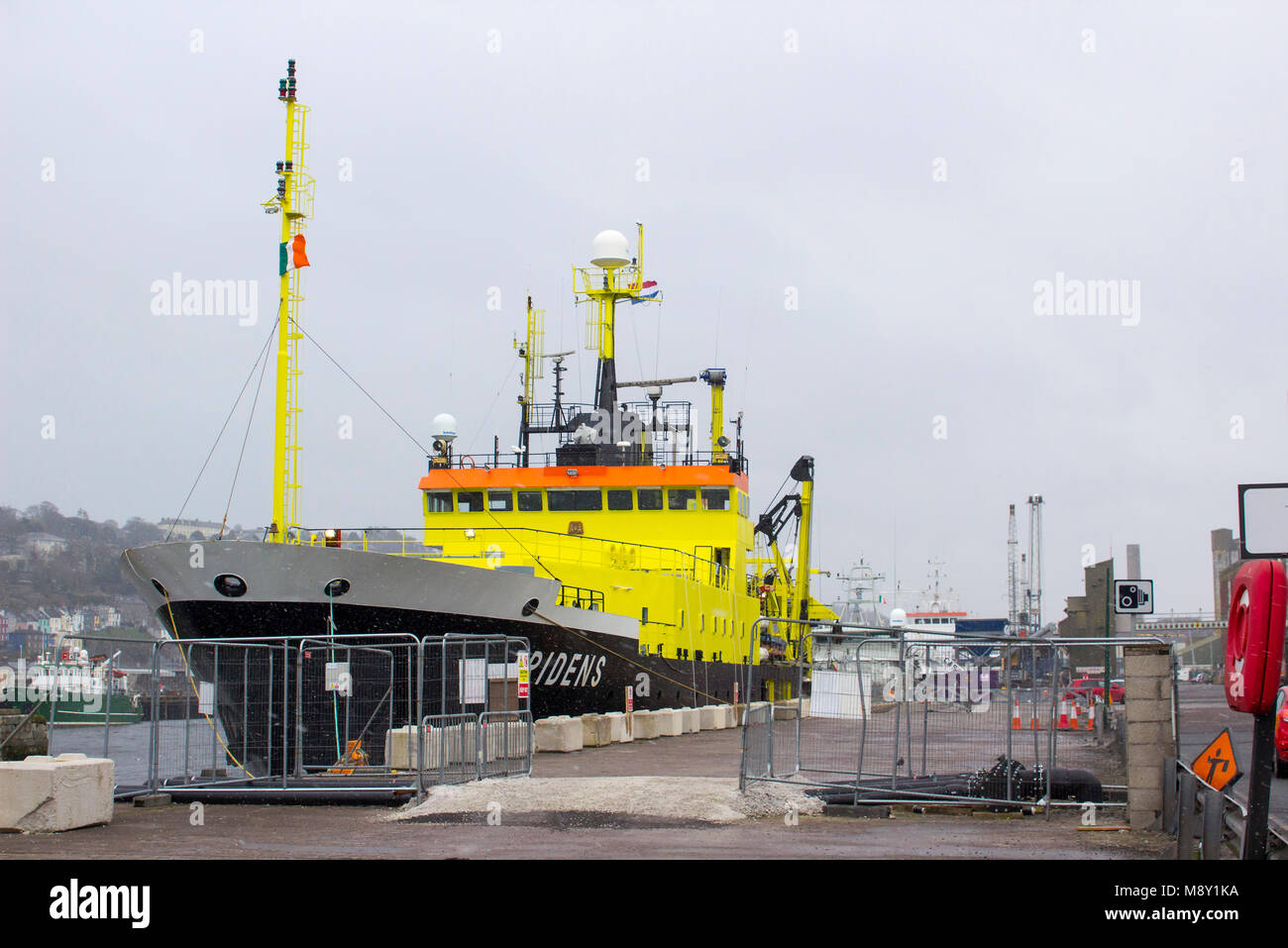 18 March 2018 The Dutch fisheries research vessel Tridens berthed at Kennedy Wharf in the city of Cork Harbour Ireland during a snow storm Stock Photo